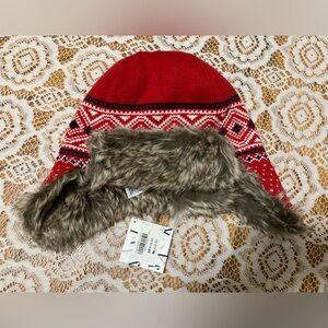 Janie & Jack Fair Isle Red Faux Fur Lined Trapper Hat Boys Size 2T 3T